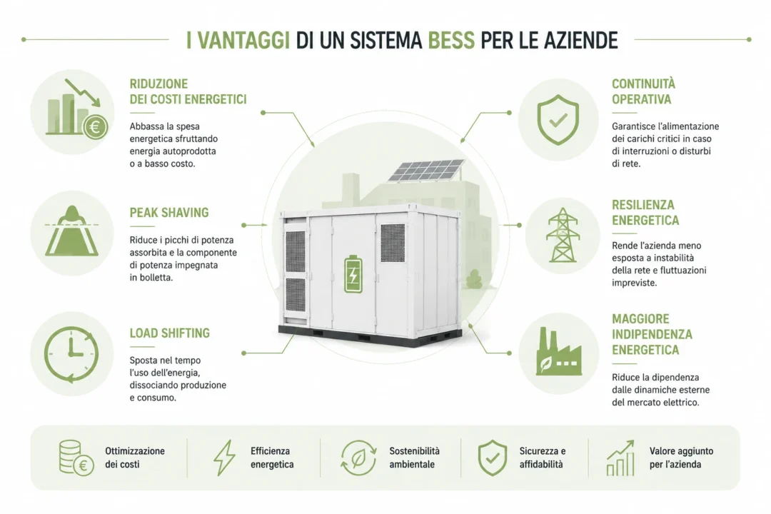 Infografica - I Principali Vantaggi Di Un Sistema BESS per le Aziende Infografica - I Principali Vantaggi Di Un Sistema BESS per le Aziende