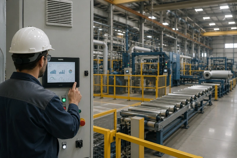 Tecnico monitora il sistema di gestione energetica in uno stabilimento industriale idoneo ai servizi di interrompibilità elettrica. Tecnico monitora il sistema di gestione energetica in uno stabilimento industriale idoneo ai servizi di interrompibilità elettrica.